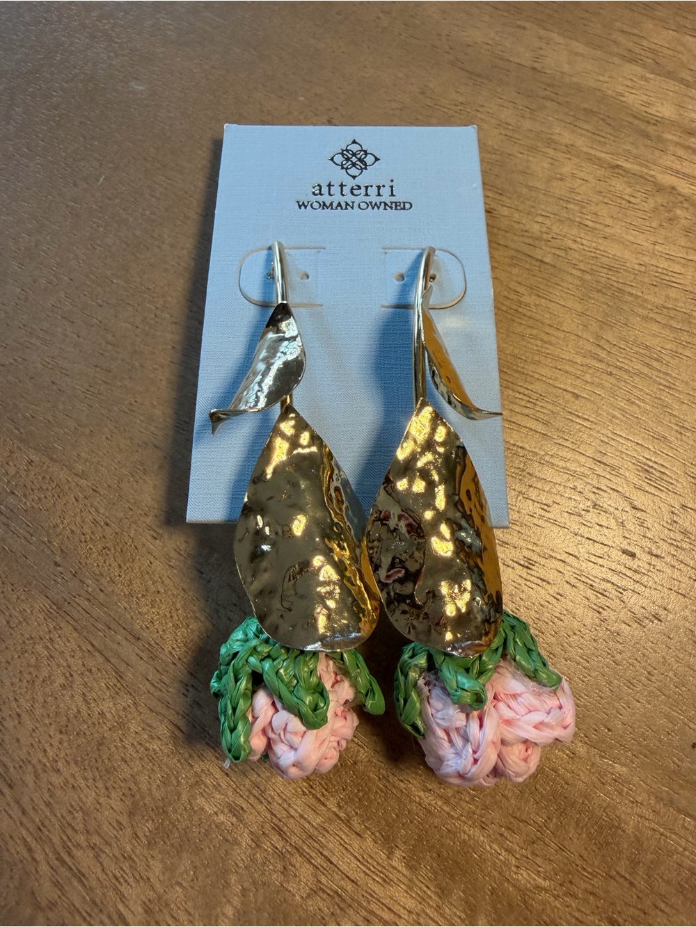 atterri Pink Crochet Style Flower Drop Earrings with Gold Leaves